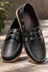 Nautical Hakiki Deri Siyah Bej Kauçuk Taban Boat Shoe Loafer Makosen Casual Ayakkabı