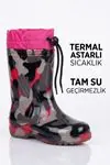 Pembe Kamuflaj Desenli İçi  Kürklü Termal Astarlı Su Geçirmez Bağcıklı Çocuk ve Kadın Yağmur & Kar Çizmesi (25-41)