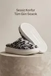 Unisex Ultra Hafif Yumuşak Peluş Kaymaz Taban Anne Çocuk Misafir Gri Leopar Desenli Ev Terliği 5808