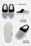 Unisex Ultra Hafif Yumuşak Peluş Kaymaz Taban Anne Çocuk Misafir Gri Kalp Desenli Ev Terliği 5808