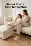 Unisex Ultra Hafif Yumuşak Peluş Kaymaz Taban Anne Çocuk Misafir Bej Kalp Desenli Ev Terliği 5808