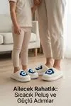 Unisex Hafif ve Yumuşak Peluş Kaymaz Taban Anne Çocuk Misafir Nazar Boncuğu Desenli Ev Terliği 5808