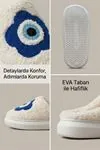 Unisex Hafif ve Yumuşak Peluş Kaymaz Taban Anne Çocuk Misafir Nazar Boncuğu Desenli Ev Terliği 5808