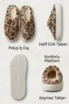Unisex Hafif ve Yumuşak Peluş Kaymaz Taban Anne Çocuk Misafir Leopar Desenli Ev Terliği 5808