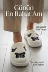 Unisex Hafif ve Yumuşak Peluş Kaymaz Taban Anne Çocuk Misafir Kelebek Desen Ekru Ev Terliği 5808