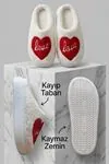 Hafif ve Yumuşak Peluş Kaymaz Taban Anne Çocuk Misafir Kalp Love Yazılı Ev Terliği 5808